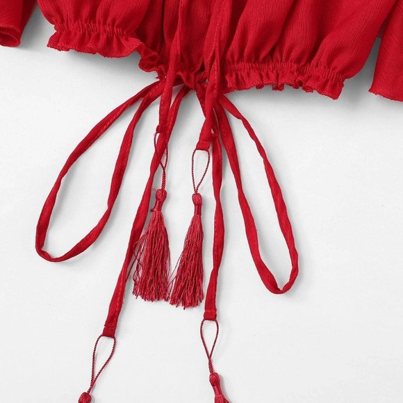 NEW Red Tassel Drawstring Off Shoulder Crop Top XL - Picture 6 of 6